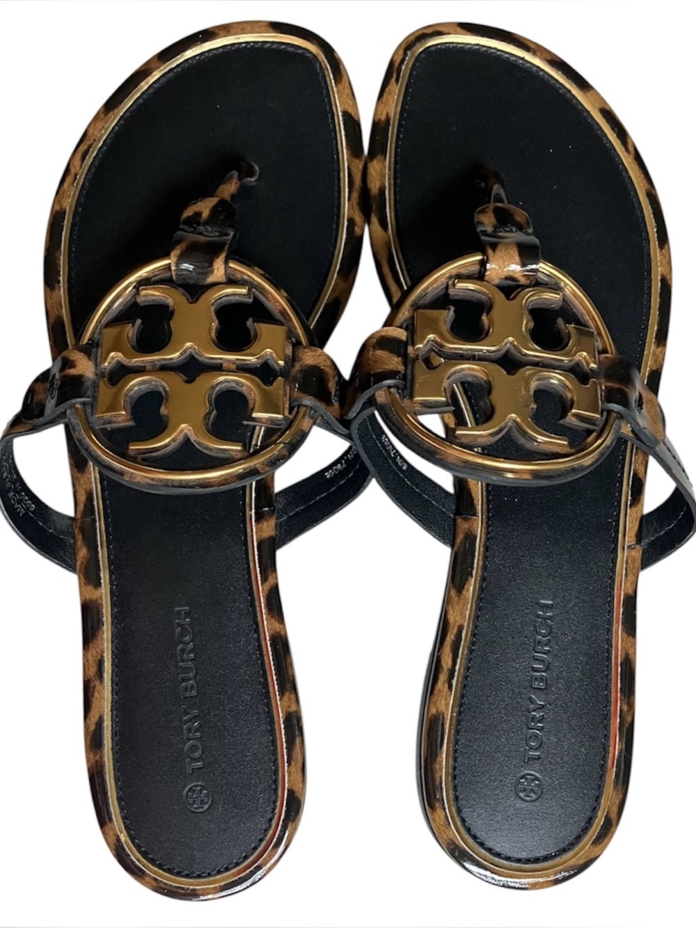 Tory Burch Miller Gold Metal Leopard Print Black Leather sandals 8 Luxury NWOB - Picture 4 of 11